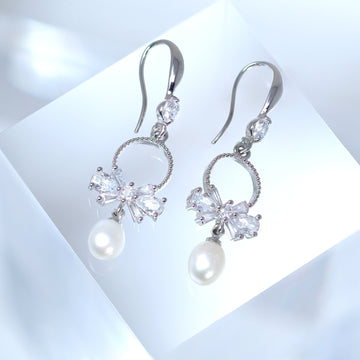 Natural Cultured Freshwater Pearl Drop Bridal Earrings, Crystal Bridal Earrings, Statement Earrings Cz